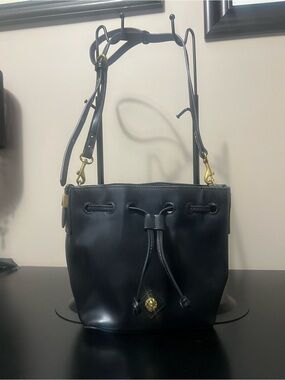 Anne Klein Nina Black Leather Drawstring Bucket Shoulder Bag with Gold Hardware